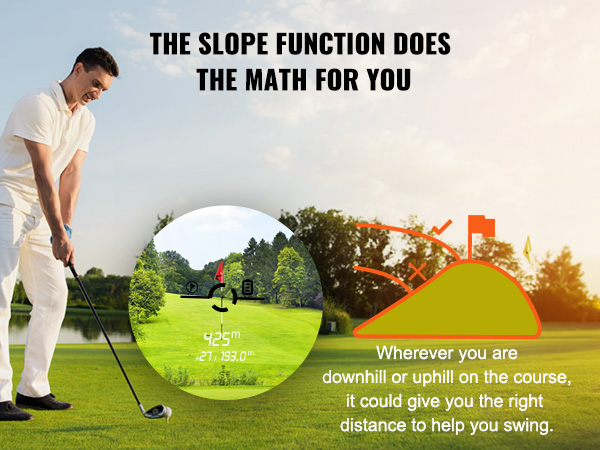 golfer using VEVOR slope function on the course with distance measurements.