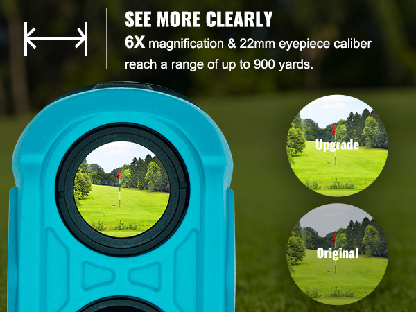 VEVOR golf rangefinder showcasing 6x magnification with views of a golf flag at various distances.