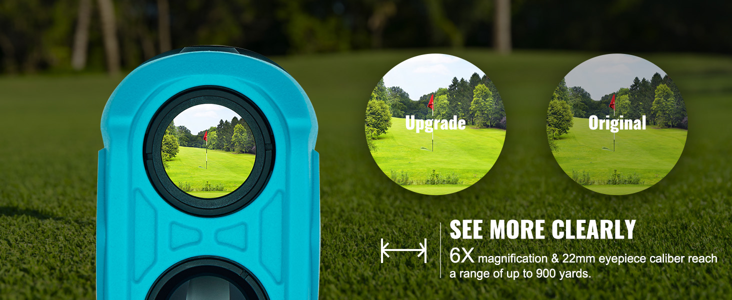 VEVOR golf rangefinder showcasing 6x magnification with views of a golf flag at various distances.