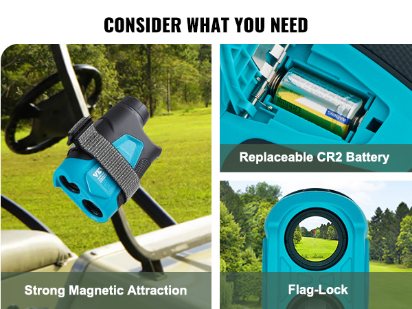 VEVOR golf rangefinder features strong magnetic attraction, replaceable cr2 battery, and flag-lock.
