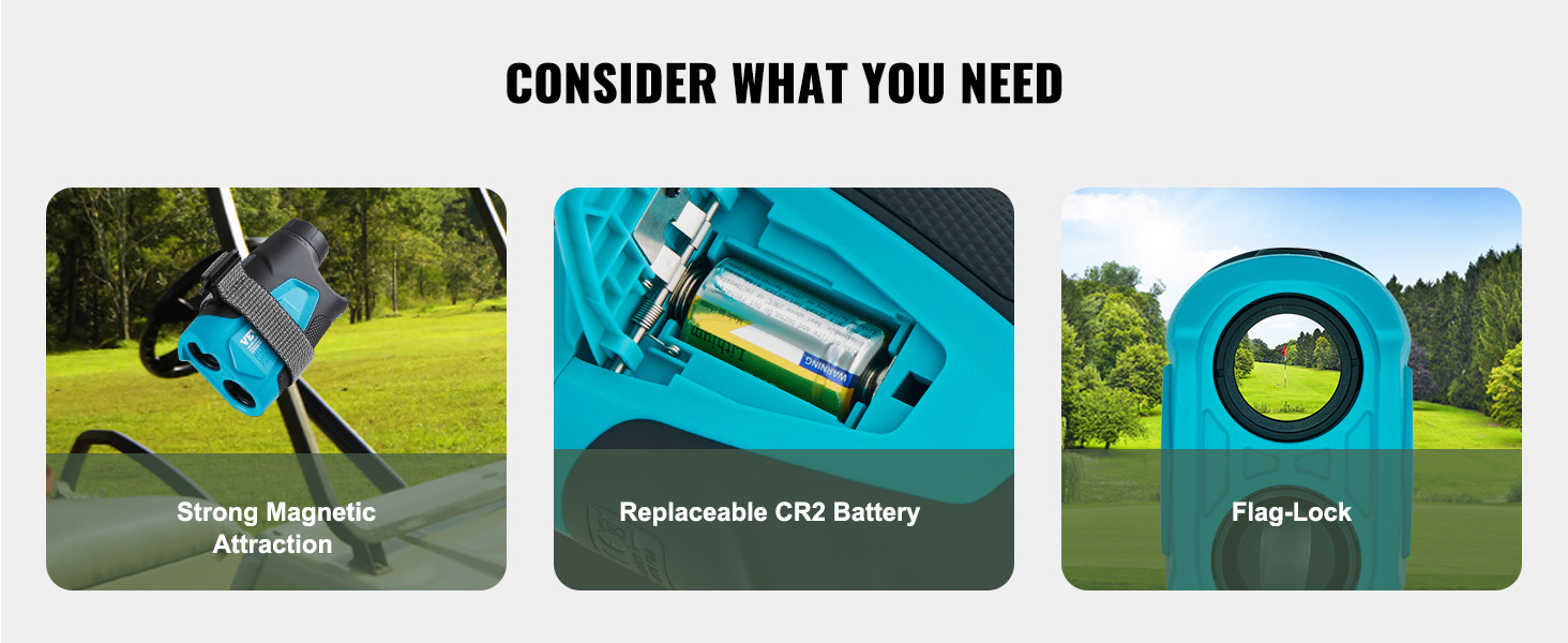 VEVOR golf rangefinder features strong magnetic attraction, replaceable cr2 battery, and flag-lock.