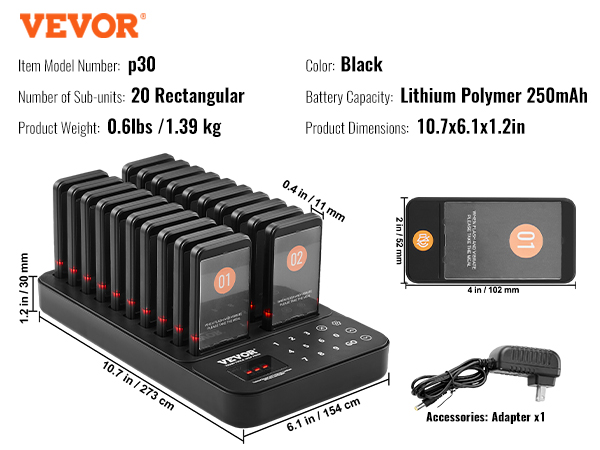VEVOR restaurant pager system with 20 rectangular sub-units, lithium polymer 250mah, and adapter.