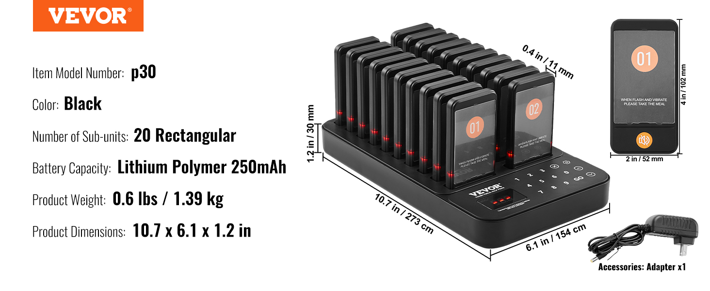 VEVOR restaurant pager system with 20 rectangular sub-units, lithium polymer 250mah, and adapter.