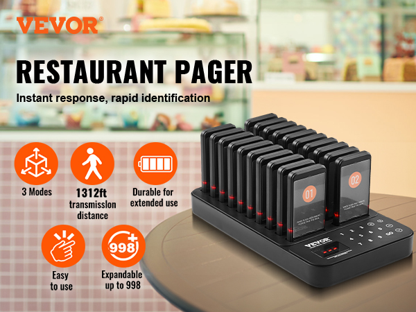 VEVOR restaurant pager system displayed on a table, with multiple pagers and key features highlighted.