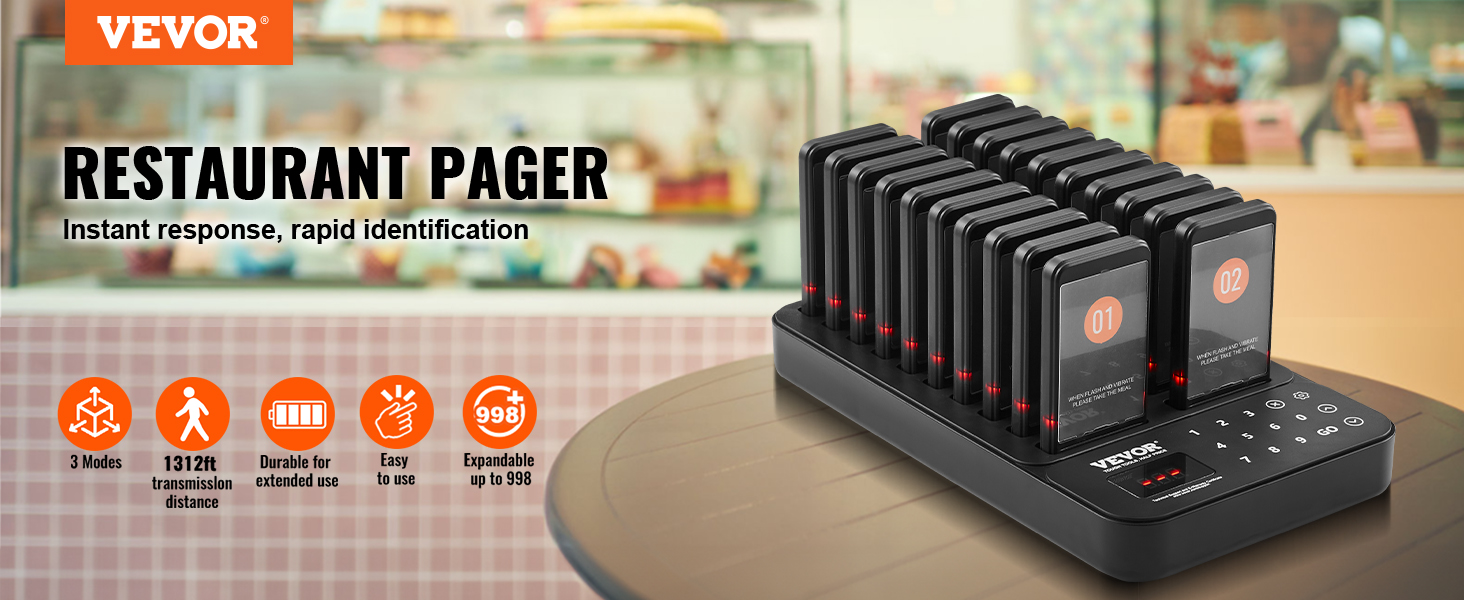 VEVOR restaurant pager system displayed on a table, with multiple pagers and key features highlighted.