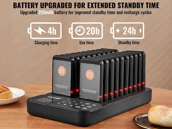 VEVOR restaurant pager system with charging base and pastries on table, showcasing battery life indicators.