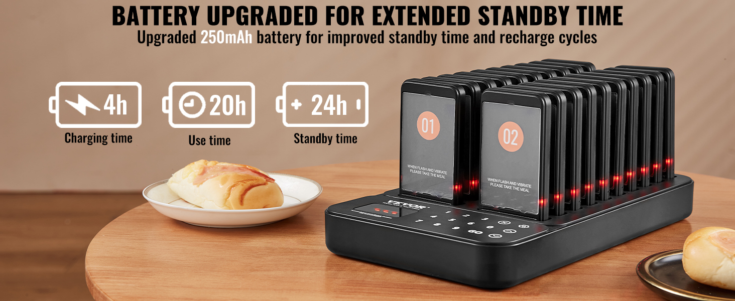 VEVOR restaurant pager system with charging base and pastries on table, showcasing battery life indicators.