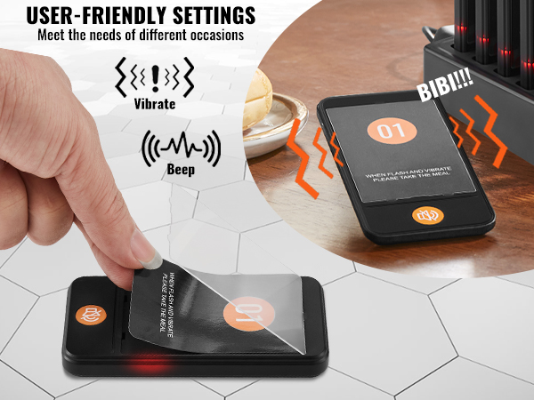 user setting up the VEVOR restaurant pager system, showcasing vibrate and beep alerts for meal pickup.