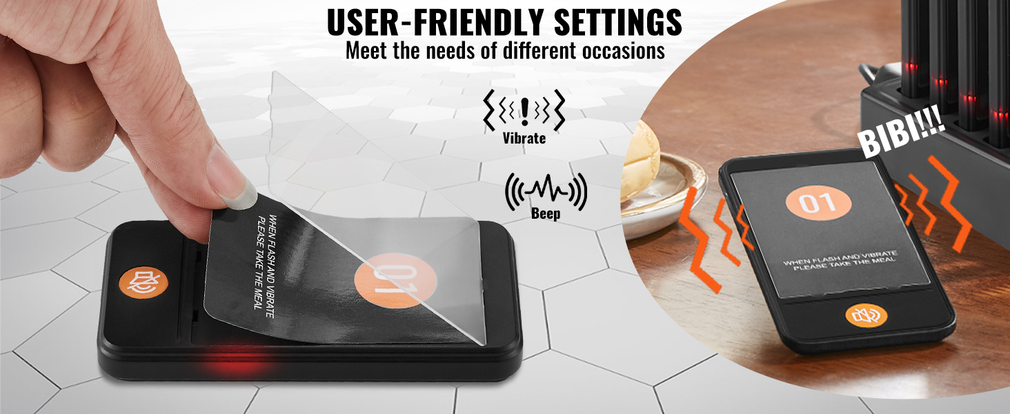 user setting up the VEVOR restaurant pager system, showcasing vibrate and beep alerts for meal pickup.