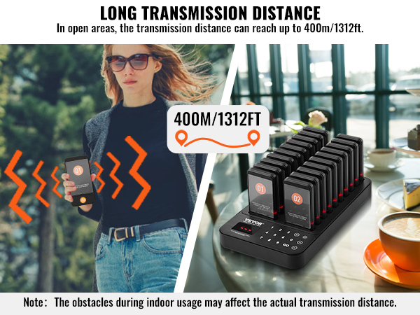 VEVOR restaurant pager system with 400m/1312ft transmission distance, ideal for busy cafes.