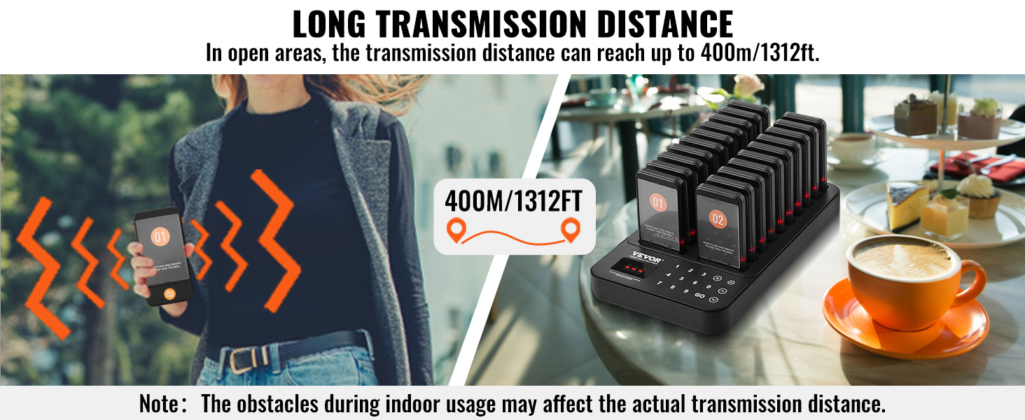 VEVOR restaurant pager system with 400m/1312ft transmission distance, ideal for busy cafes.