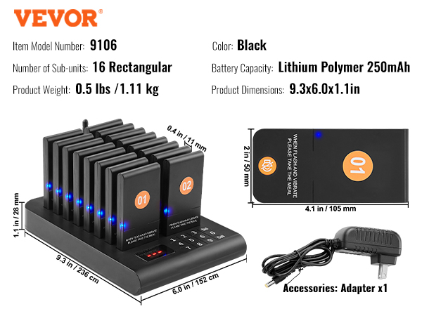 VEVOR restaurant pager system with 16 rectangular sub-units, black, 250mah, dimensions: 9.3x6.0x1.1 in.