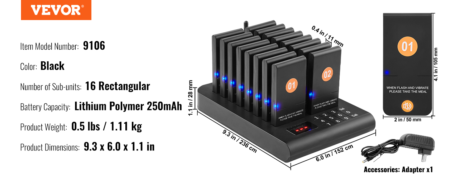 VEVOR restaurant pager system with 16 rectangular sub-units, black, 250mah, dimensions: 9.3x6.0x1.1 in.