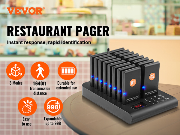 VEVOR restaurant pager system with 3 modes, 1640ft transmission, and expandable up to 998 units.