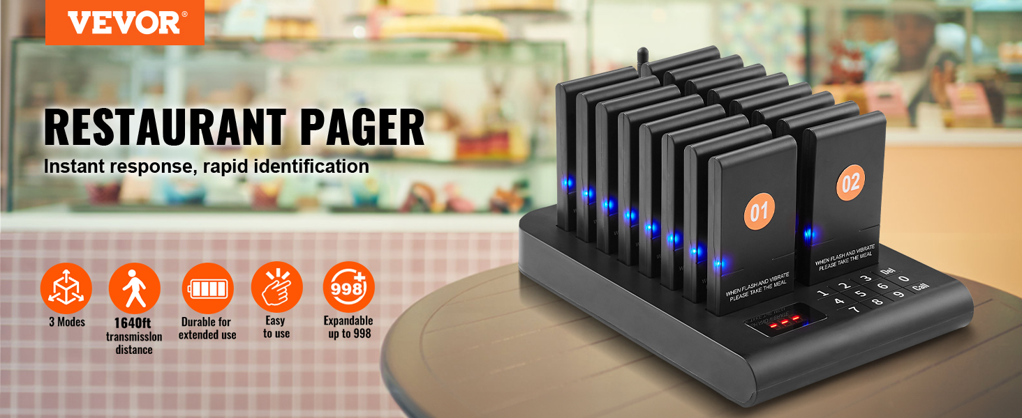 VEVOR restaurant pager system with 3 modes, 1640ft transmission, and expandable up to 998 units.