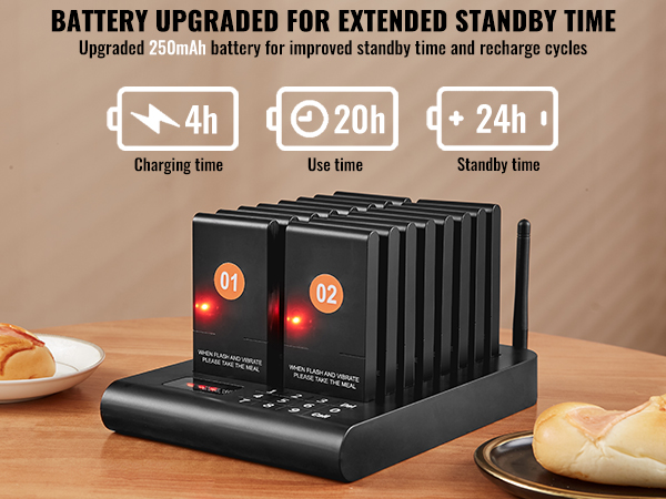 VEVOR restaurant pager system with upgraded 250mah battery, shown with charging base and bread on table.