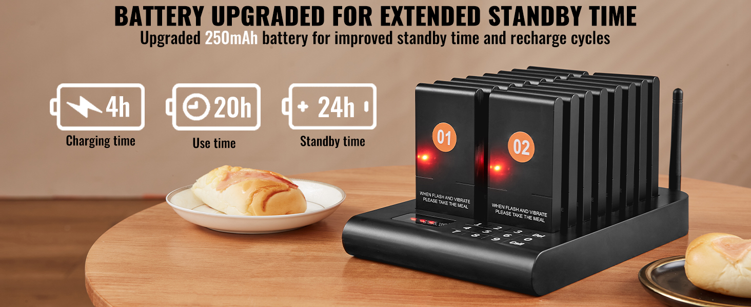 VEVOR restaurant pager system with upgraded 250mah battery, shown with charging base and bread on table.
