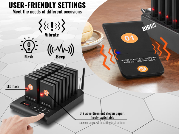 VEVOR restaurant pager system with user-friendly settings, led flash, vibrate, beep, and diy advertisement slots.