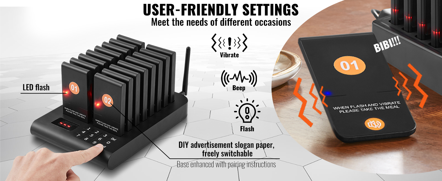 VEVOR restaurant pager system with user-friendly settings, led flash, vibrate, beep, and diy advertisement slots.