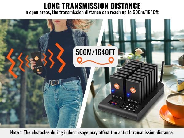 VEVOR restaurant pager system with 500m/1640ft long transmission distance in outdoor areas.