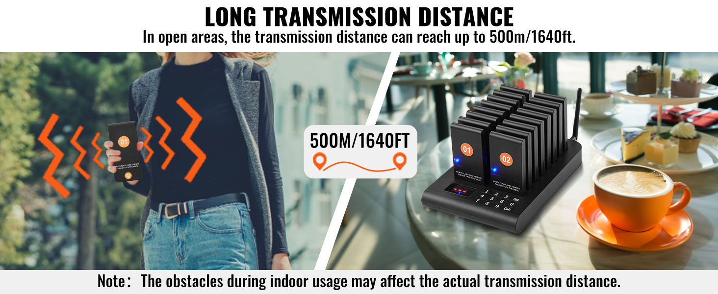 VEVOR restaurant pager system with 500m/1640ft long transmission distance in outdoor areas.