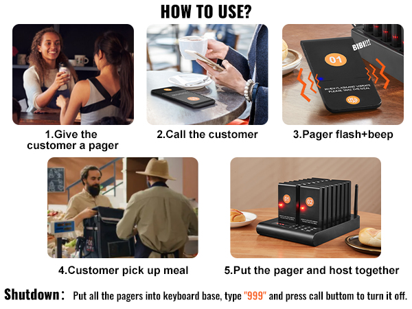 VEVOR restaurant pager system instruction steps: paging customers, picking up meals, and shutting down.