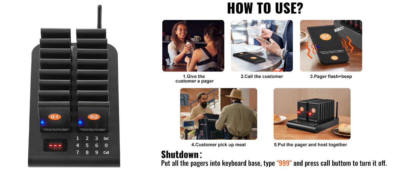 VEVOR restaurant pager system instruction steps: paging customers, picking up meals, and shutting down.