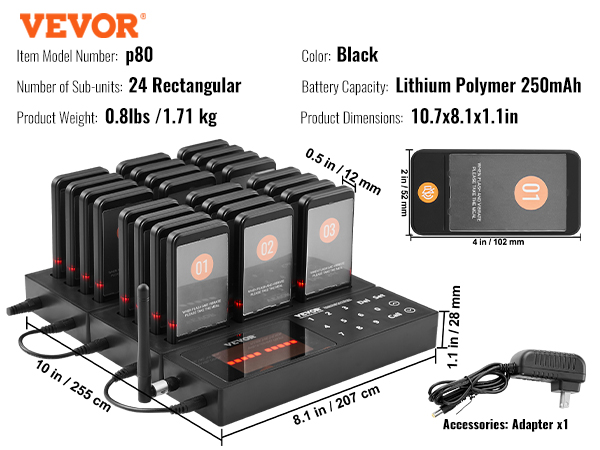 VEVOR restaurant pager system, 24 rectangular sub-units, black, lithium polymer battery, model p80.