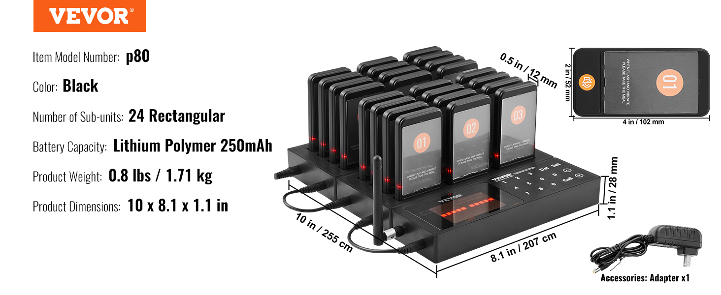VEVOR restaurant pager system, 24 rectangular sub-units, black, lithium polymer battery, model p80.