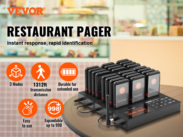 VEVOR restaurant pager system with 999 capacity, 1312ft range, and 3 modes for rapid identification.