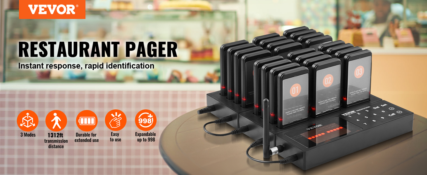 VEVOR restaurant pager system with 999 capacity, 1312ft range, and 3 modes for rapid identification.