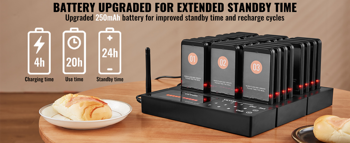 VEVOR restaurant pager system with upgraded 250mah battery for extended standby and recharge cycles.