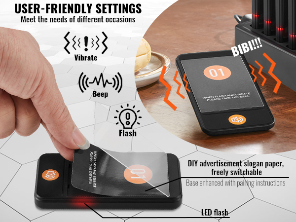hand holding VEVOR restaurant pager system with led flash, beep, vibrate, and diy advertisement options.