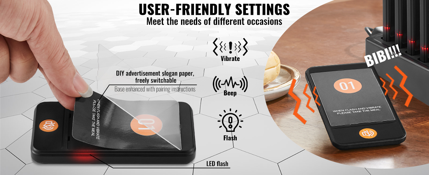hand holding VEVOR restaurant pager system with led flash, beep, vibrate, and diy advertisement options.