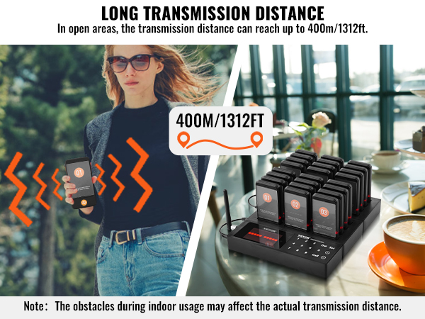 VEVOR restaurant pager system display with 400m transmission distance, showing the pager on a table.