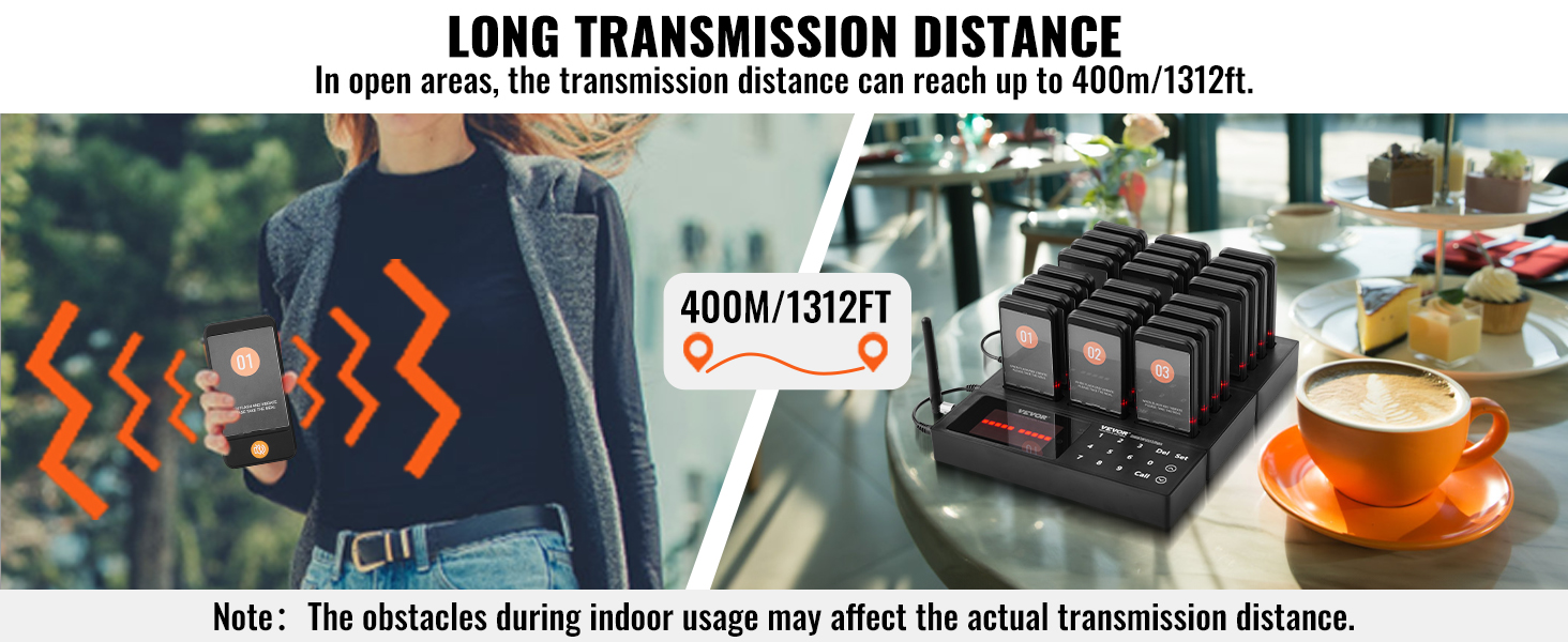 VEVOR restaurant pager system display with 400m transmission distance, showing the pager on a table.