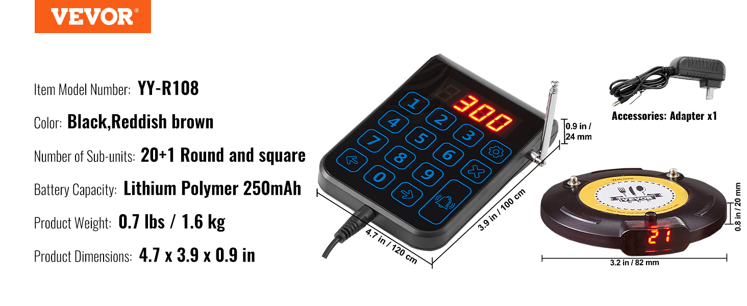 VEVOR restaurant pager system, model yy-r108 keypad and sub-unit pager with adapter, dimensions, and specs.