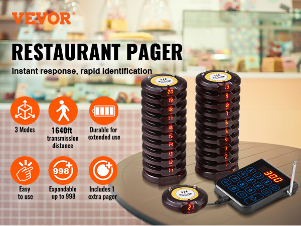 VEVOR restaurant pager system with stacked pagers and keypad in a bakery setting.