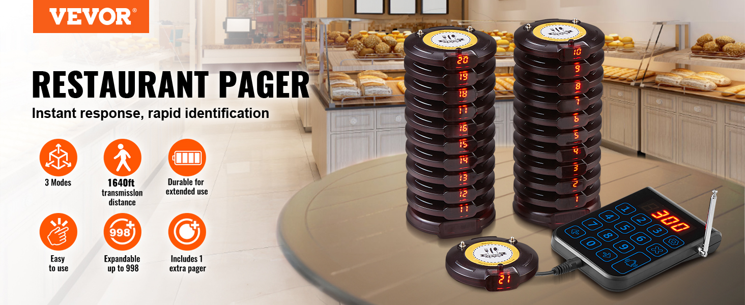 VEVOR restaurant pager system with stacked pagers and keypad in a bakery setting.