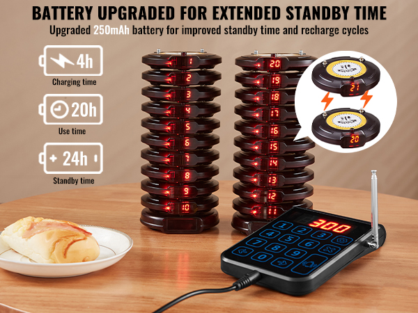 VEVOR restaurant pager system showcasing upgraded 250mah battery, pager stacks, and control panel on a table.