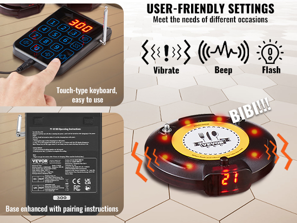 VEVOR restaurant pager system with touch-type keyboard, user-friendly settings, and multiple alert options.