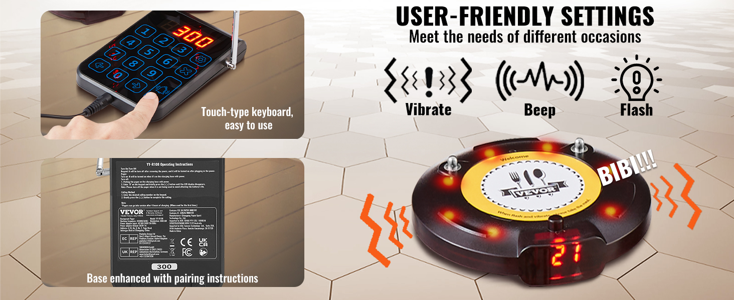 VEVOR restaurant pager system with touch-type keyboard, user-friendly settings, and multiple alert options.