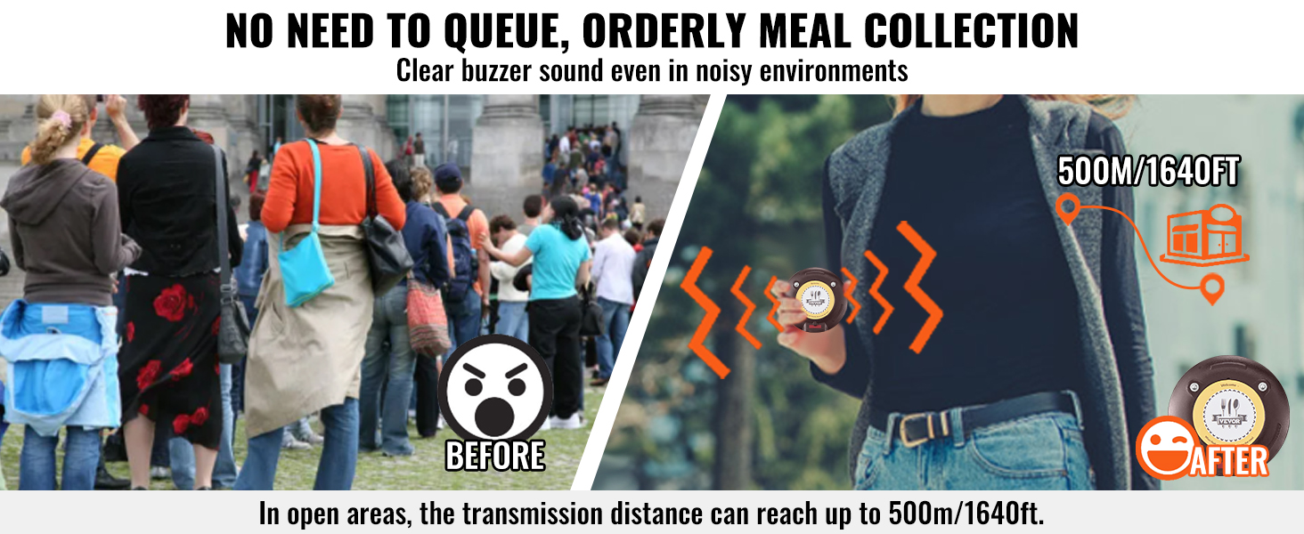 crowd waiting vs person using VEVOR restaurant pager system with a 500m range.