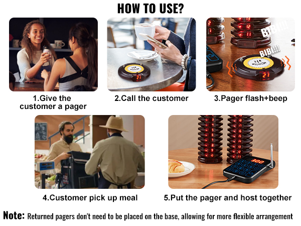 VEVOR restaurant pager system instructions with customer interactions and device setup steps.
