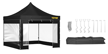 melna VEVOR pop up nojume ar nojumēm, sānu sienām, mietiņiem, virvēm un pārnēsāšanas somu.