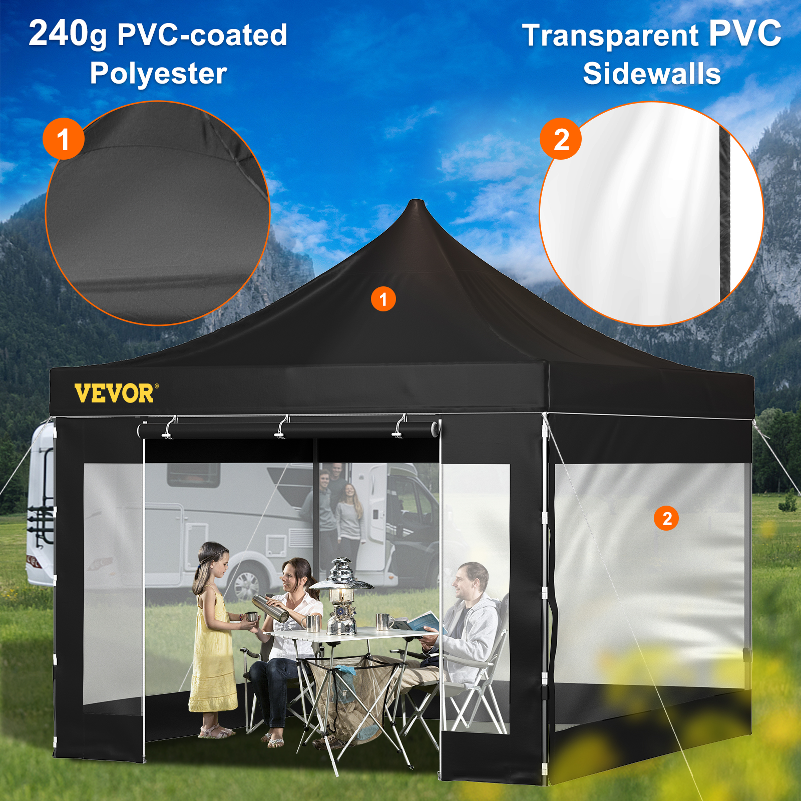 VEVOR pop up nojume ar 240 g pvc pārklājumu no poliestera un caurspīdīgām pvc sānu sienām, ideāli piemērota lietošanai ārpus telpām.