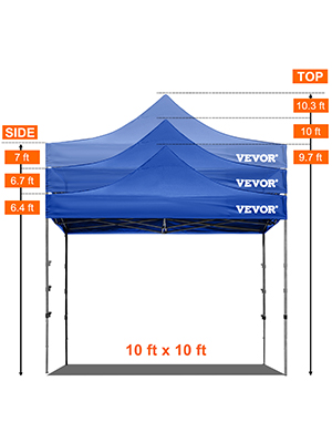 zila VEVOR pop up nojume, 10x10 ft, regulējams augstums, marķēti izmēri no 6,4 līdz 10,3 ft