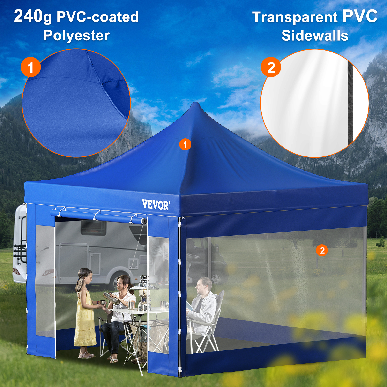 VEVOR pop up nojume ar 240 g pvc poliestera pārklājumu un caurspīdīgām pvc sānu sienām āra apstākļos.