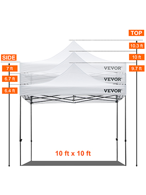 VEVOR pop up nojume, 10x10 ft, regulējams augstums ar marķētiem izmēriem, balts nojume.