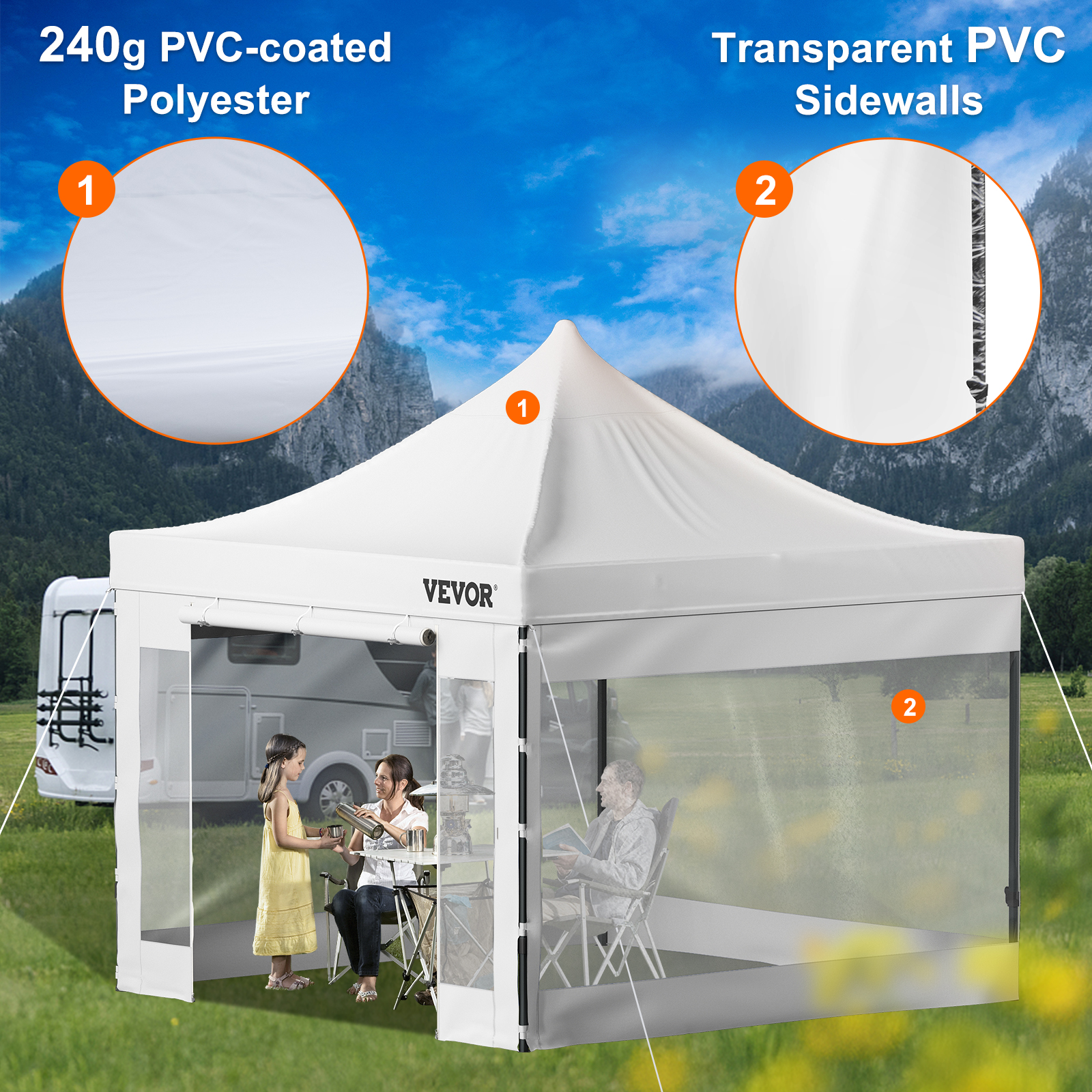 VEVOR pop up nojume ar caurspīdīgām pvc sānu sienām un 240 g pvc poliestera pārklājumu gleznainā āra vidē.